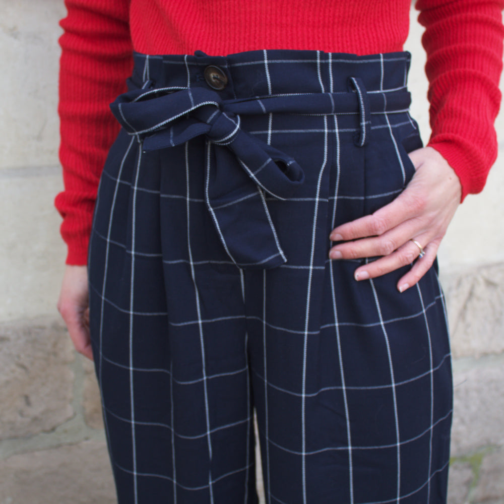 Pantalon à carreaux paper bag Noé