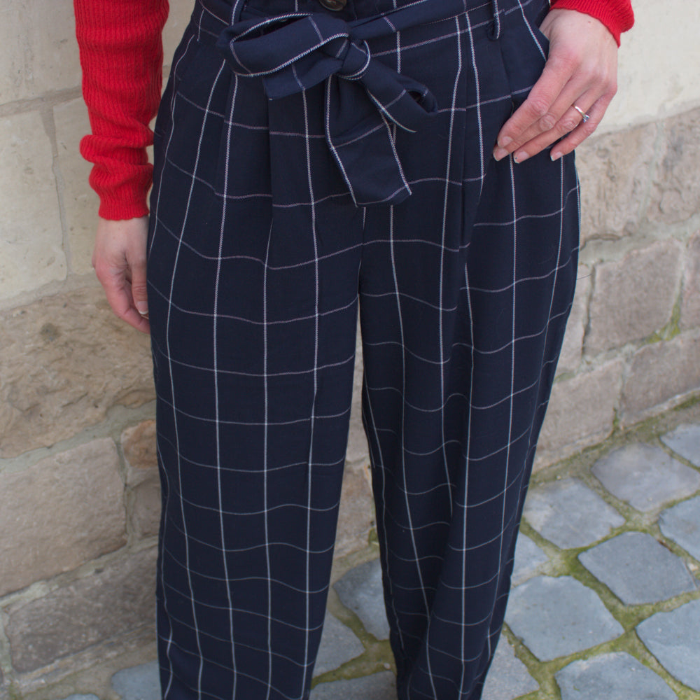 Pantalon à carreaux paper bag Noé